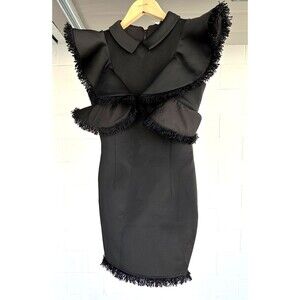 Rare Black Architectural deconstucted designer sample  ruffle dress w/fringe 0-2
